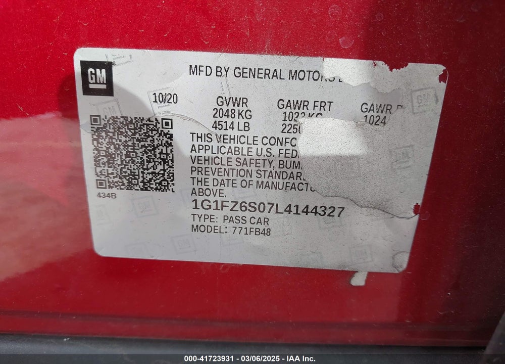 2020 CHEVROLET BOLT EV VIN: 1G1FZ6S07L4144327