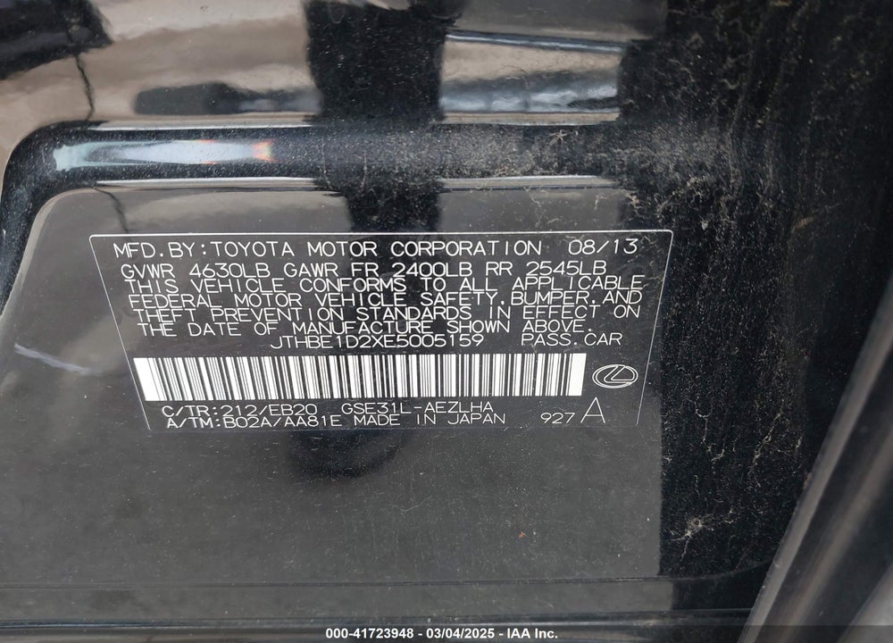 2014 LEXUS IS 350 VIN: JTHBE1D2XE5005159
