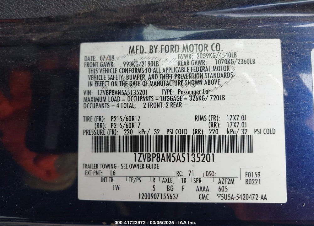 2010 FORD MUSTANG VIN: 1ZVBP8AN5A5135201