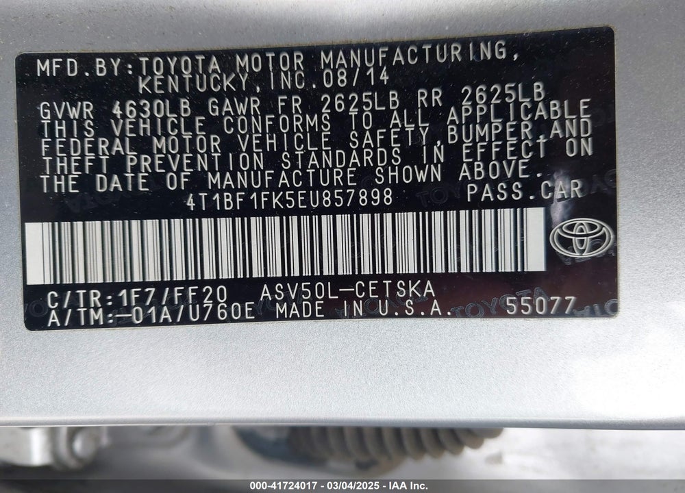2014 TOYOTA CAMRY VIN: 4T1BF1FK5EU857898