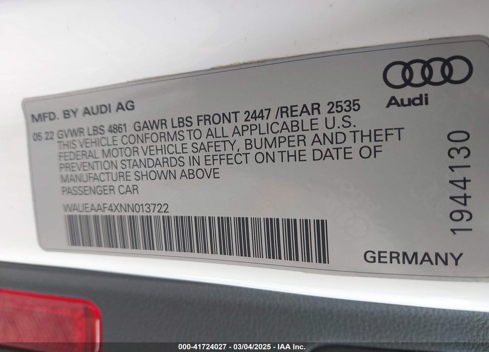 2022 AUDI A4 PREMIUM PLUS 45 TFSI S LINE QUATTRO S TRONIC VIN: WAUEAAF4XNN013722