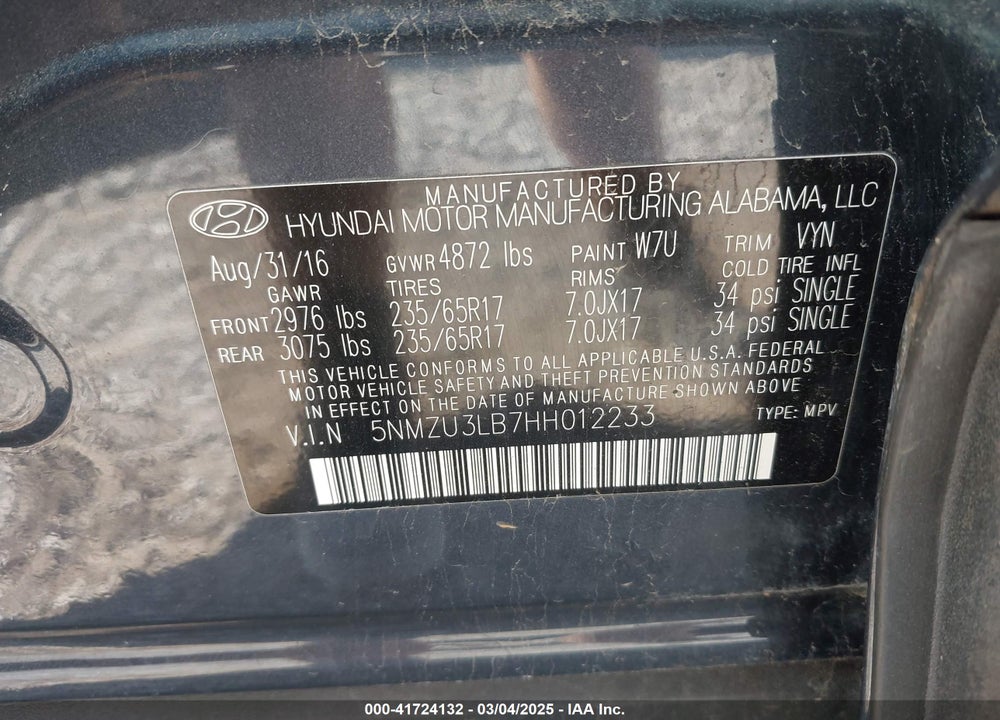 2017 HYUNDAI SANTA FE SPORT VIN: 5NMZU3LB7HH012233