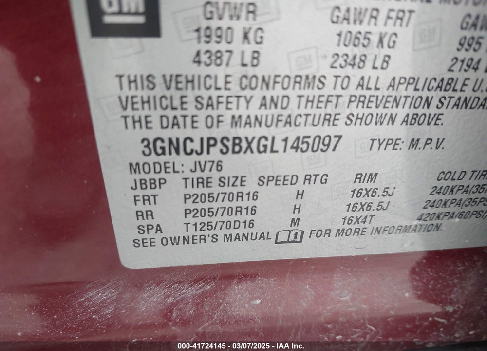 2016 CHEVROLET TRAX VIN: 3GNCJPSBXGL145097