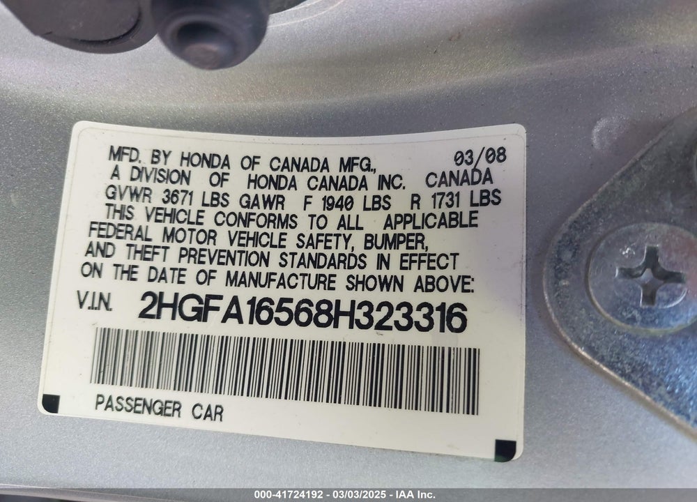 2008 HONDA CIVIC LX VIN: 2HGFA16568H323316