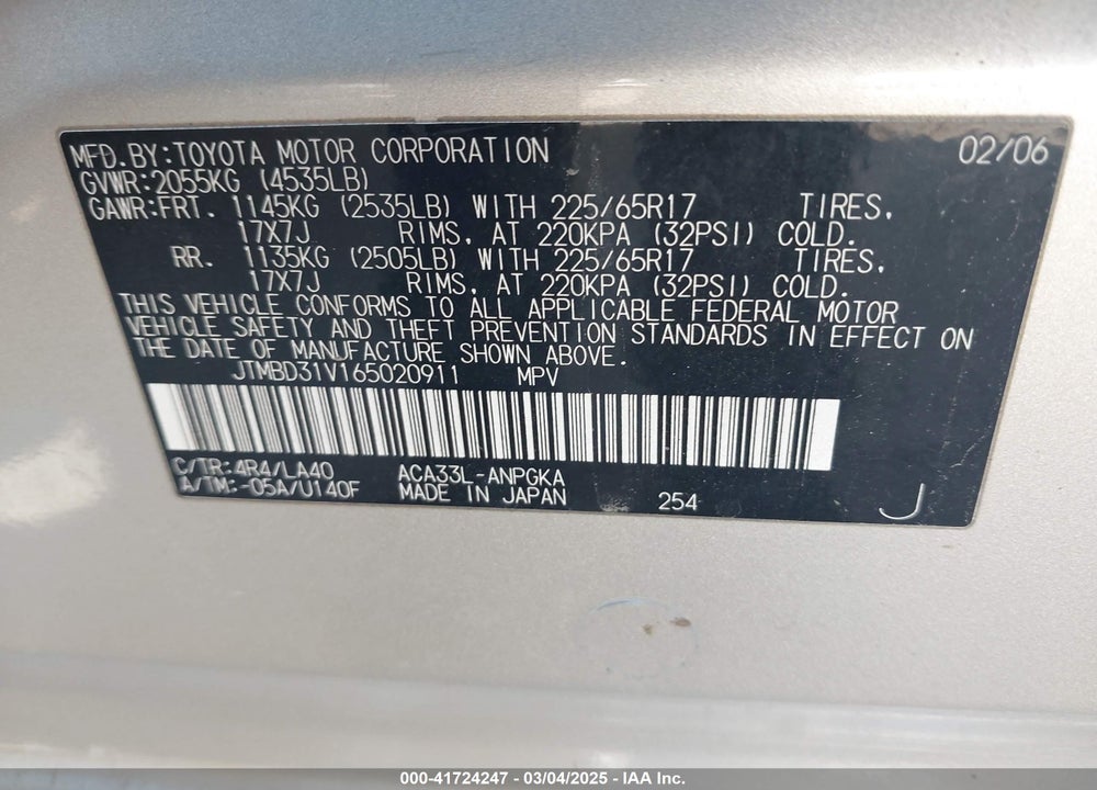 2006 TOYOTA RAV4 LIMITED VIN: JTMBD31V165020911