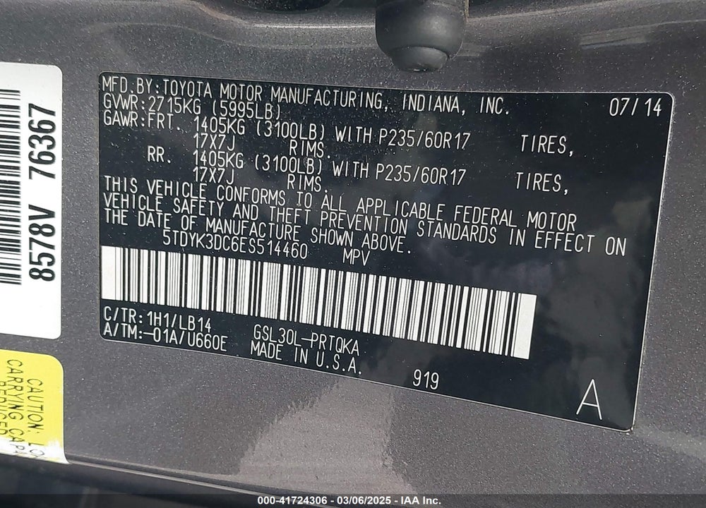 2014 TOYOTA SIENNA XLE V6 8 PASSENGER VIN: 5TDYK3DC6ES514460