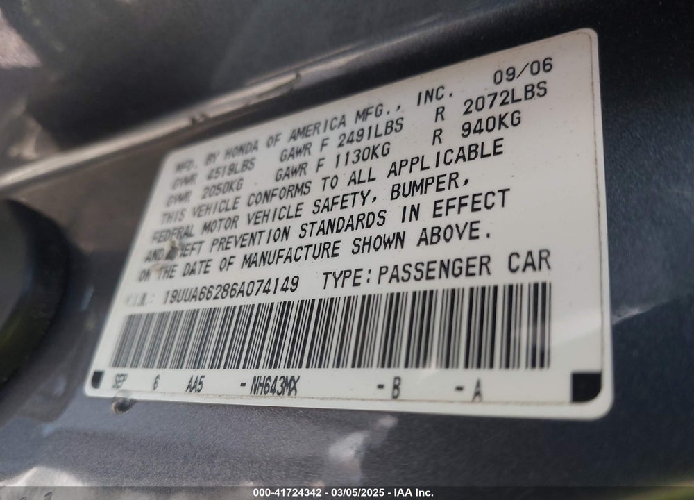 2006 ACURA TL VIN: 19UUA66286A074149