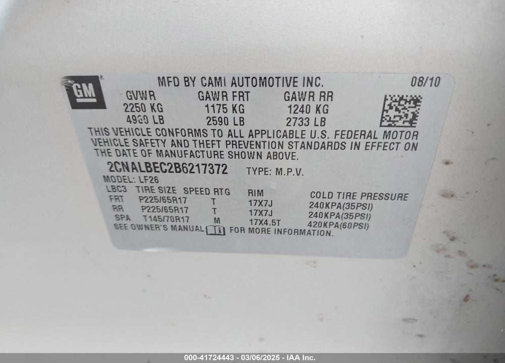 2011 CHEVROLET EQUINOX LS VIN: 2CNALBEC2B6217372