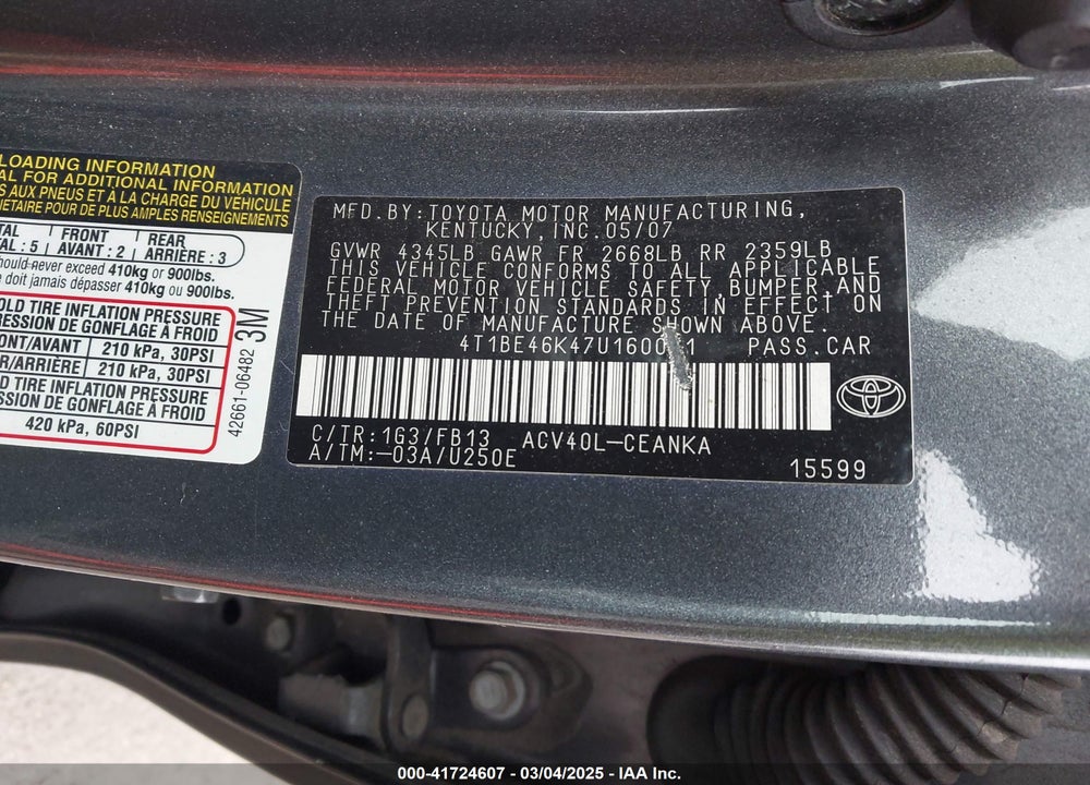2007 TOYOTA CAMRY LE VIN: 4T1BE46K47U160021