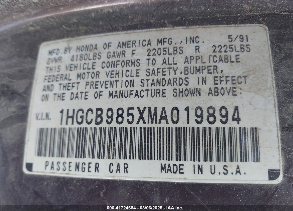 1991 HONDA ACCORD VIN: 1HGCB985XMA019894