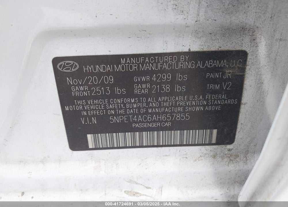2010 HYUNDAI SONATA GLS VIN: 5NPET4AC6AH657855