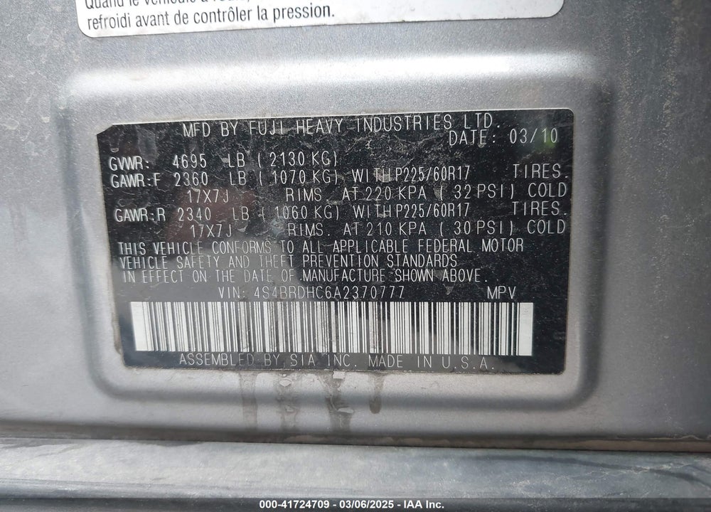 2010 SUBARU OUTBACK VIN: 4S4BRDHC6A2370777
