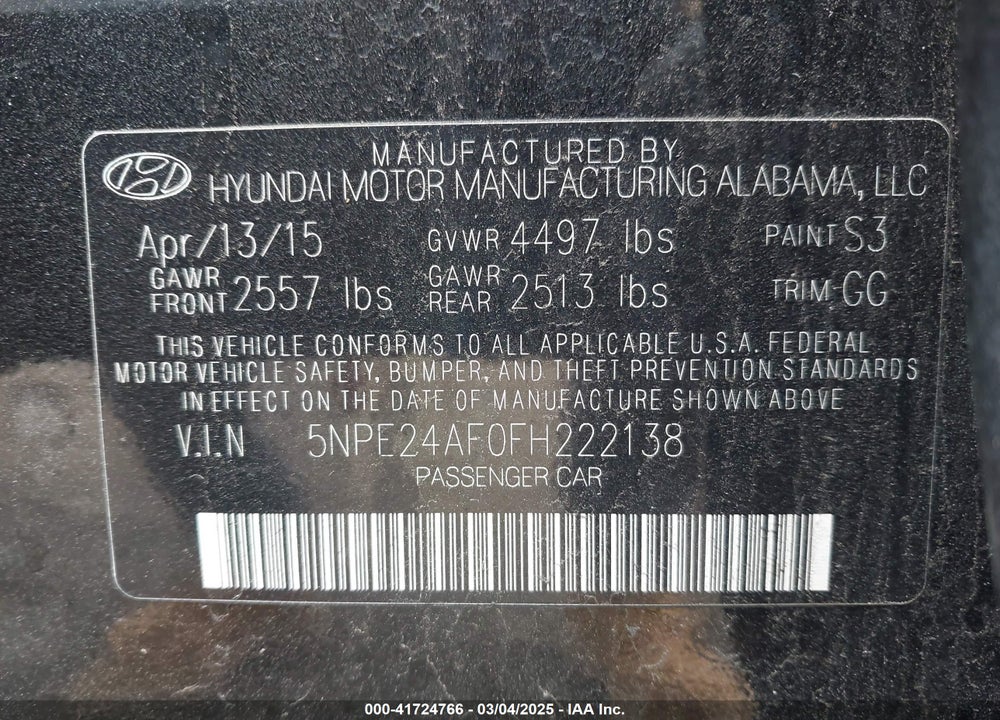 2015 HYUNDAI SONATA VIN: 5NPE24AF0FH222138
