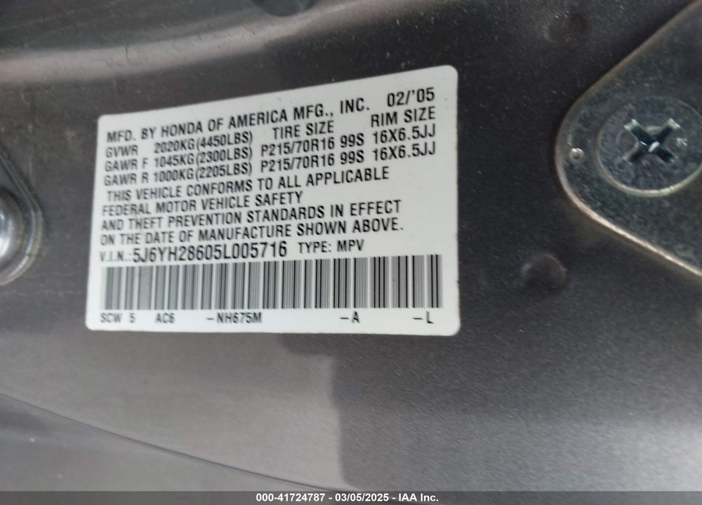 2005 HONDA ELEMENT VIN: 5J6YH28605L005716