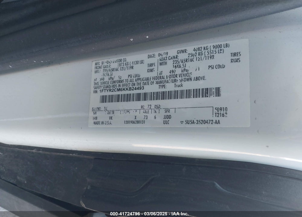 2019 FORD TRANSIT-250 VIN: 1FTYR2CM6KKB24493
