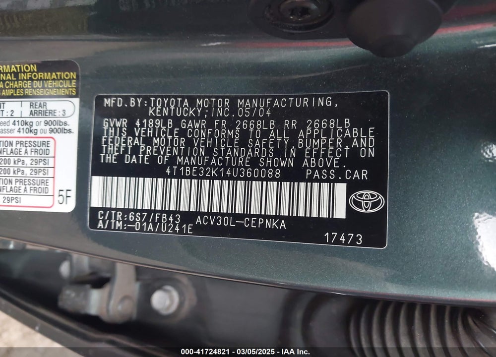 2004 TOYOTA CAMRY VIN: 4T1BE32K14U360088