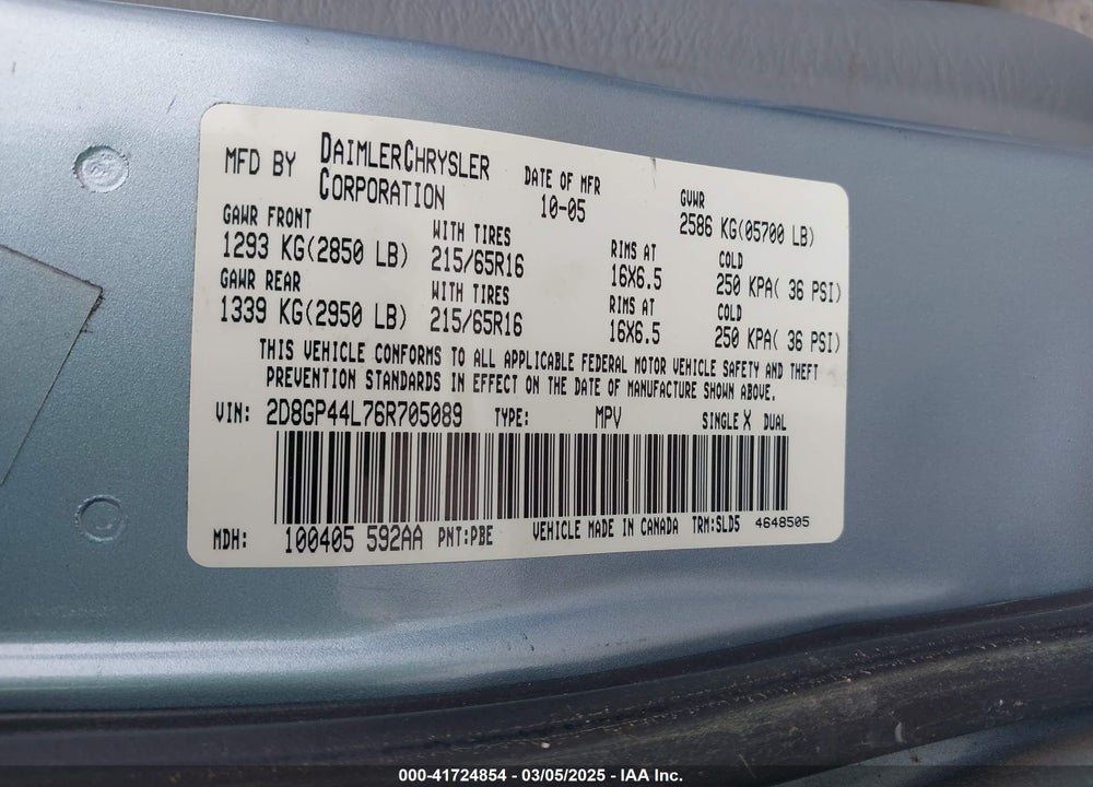 2006 DODGE GRAND CARAVAN SXT VIN: 2D8GP44L76R705089