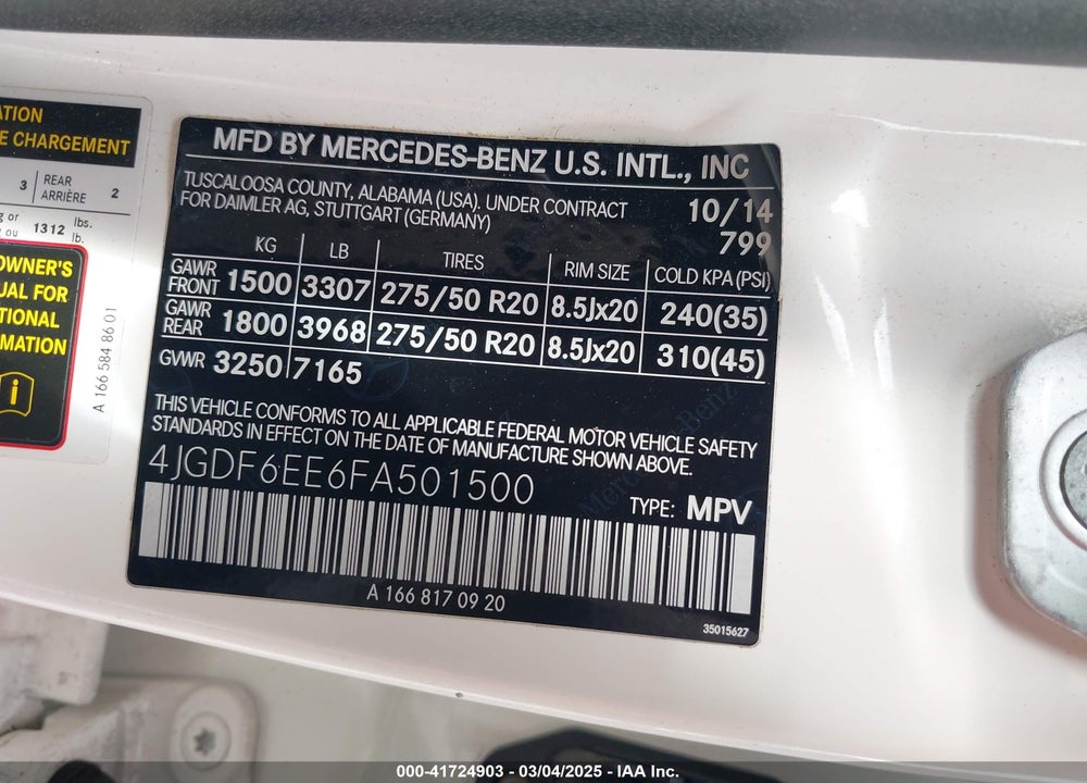 2015 MERCEDES-BENZ GL-CLASS VIN: 4JGDF6EE6FA501500