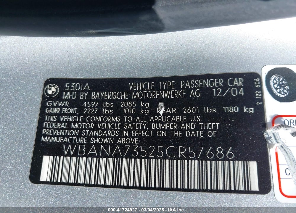 2005 BMW 530I VIN: WBANA73525CR57686