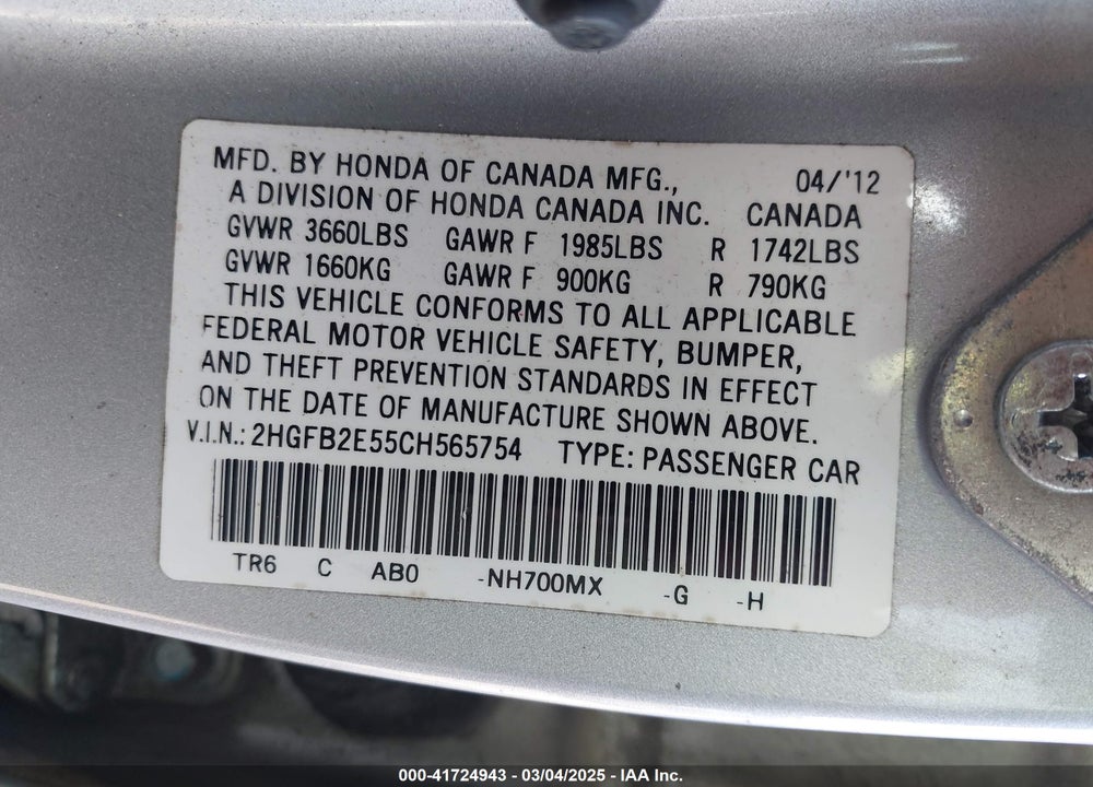 2012 HONDA CIVIC LX VIN: 2HGFB2E55CH565754