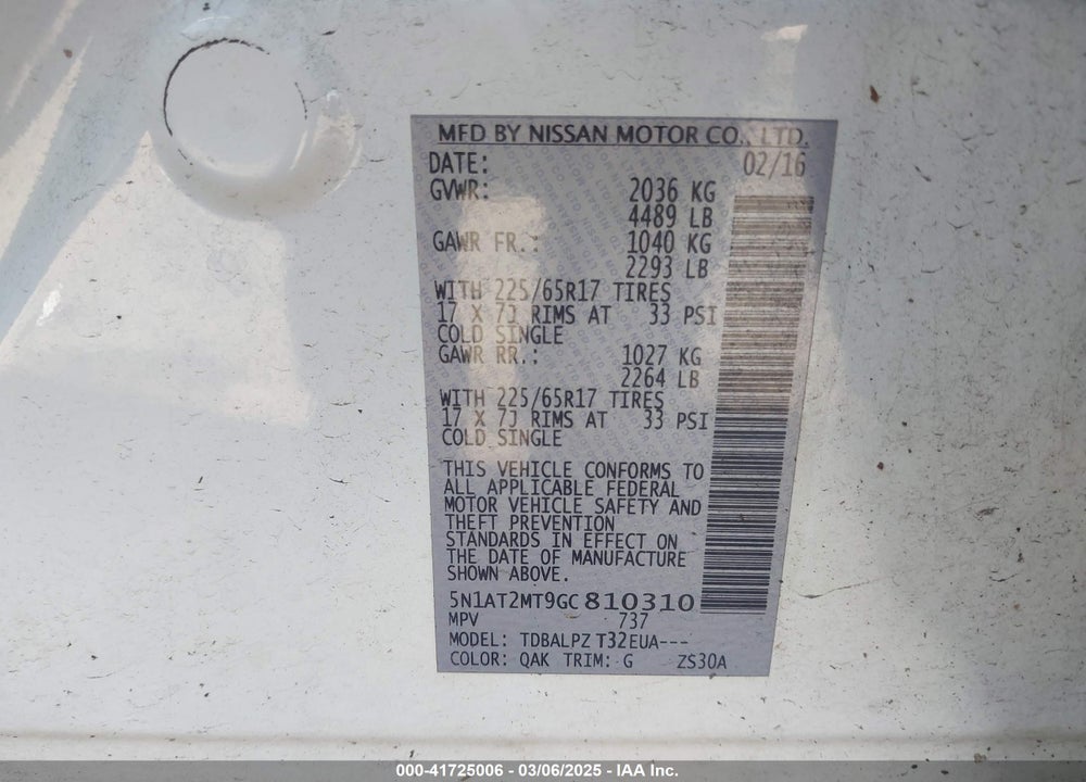 2016 NISSAN ROGUE VIN: 5N1AT2MT9GC810310