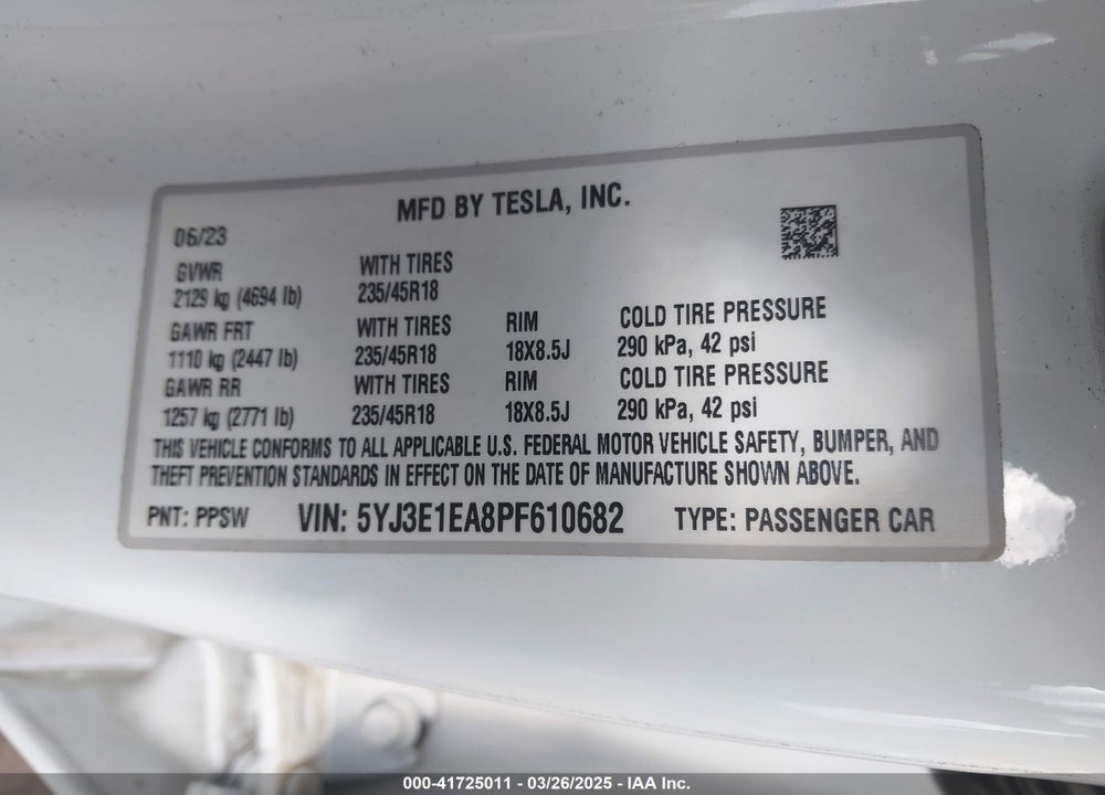 2023 TESLA MODEL 3 REAR-WHEEL DRIVE VIN: 5YJ3E1EA8PF610682