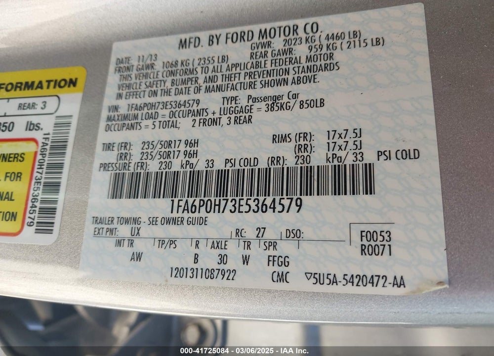 2014 FORD FUSION SE VIN: 1FA6P0H73E5364579