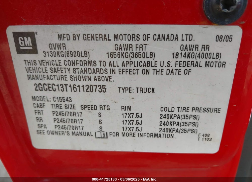 2006 CHEVROLET SILVERADO 1500 VIN: 2GCEC13T161120735