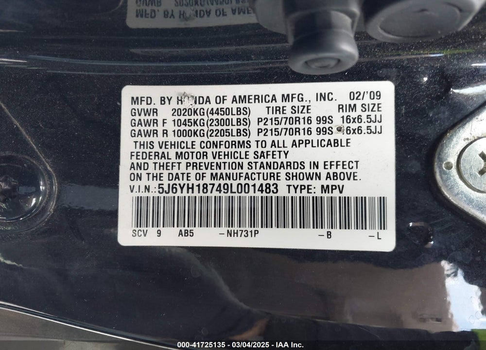2009 HONDA ELEMENT EX VIN: 5J6YH18749L001483