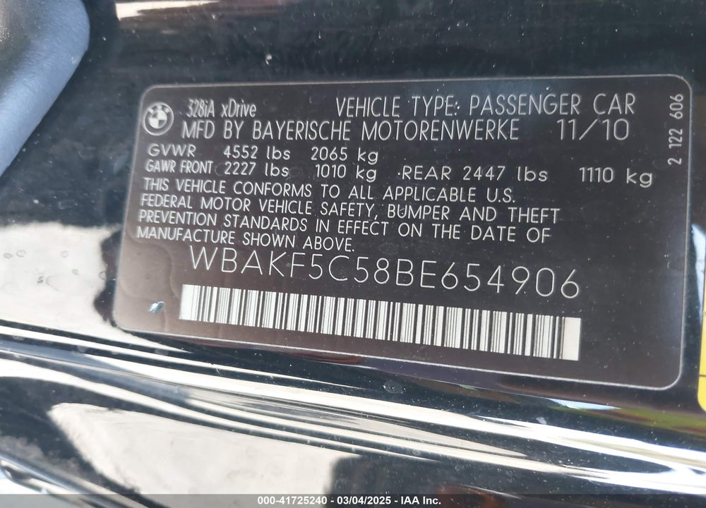 2011 BMW 328I XDRIVE VIN: WBAKF5C58BE654906