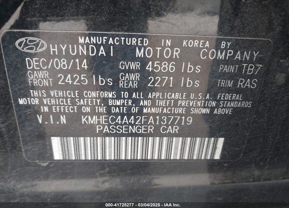 2015 HYUNDAI SONATA HYBRID VIN: KMHEC4A42FA137719