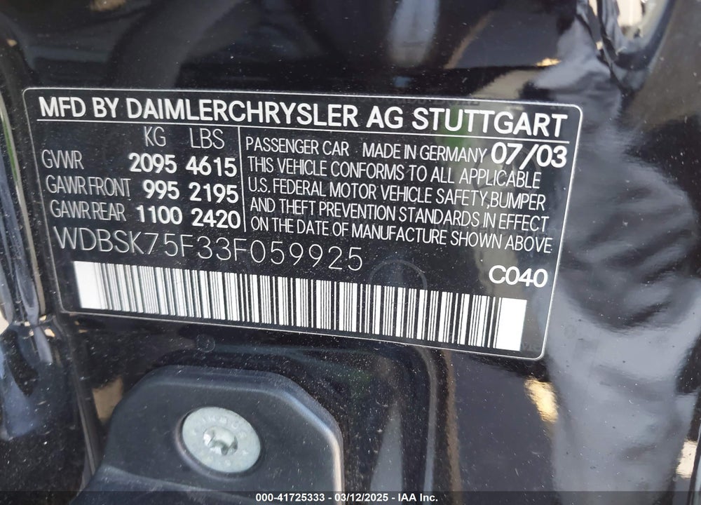 2003 MERCEDES-BENZ SL 500 VIN: WDBSK75F33F059925