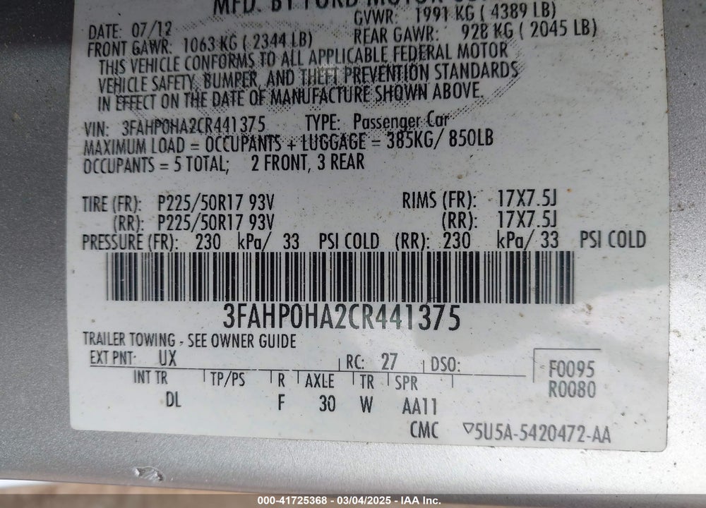 2012 FORD FUSION VIN: 3FAHP0HA2CR441375