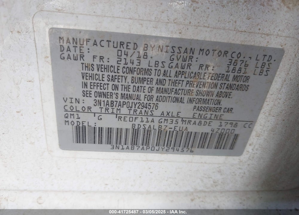 2018 NISSAN SENTRA S VIN: 3N1AB7AP0JY294576
