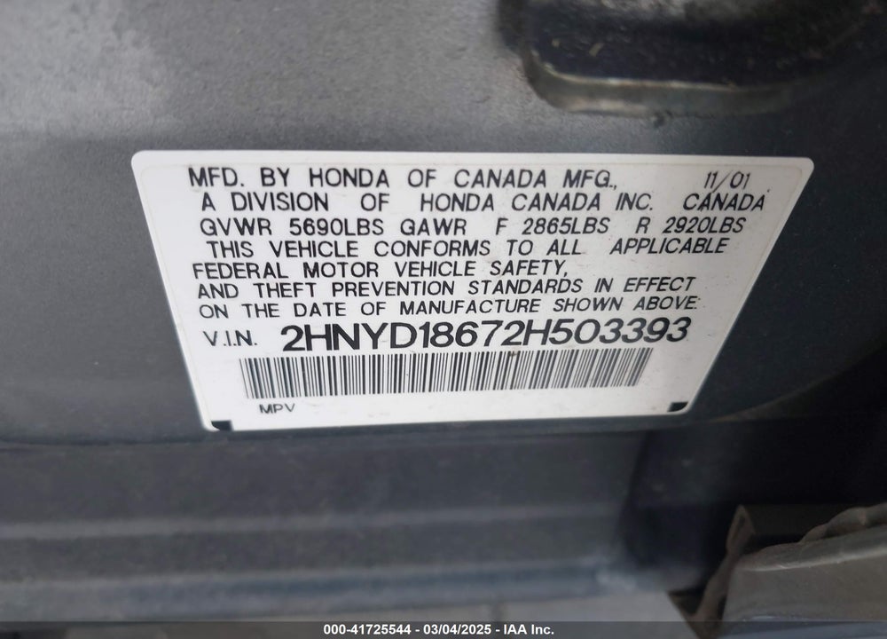 2002 ACURA MDX VIN: 2HNYD18672H503393
