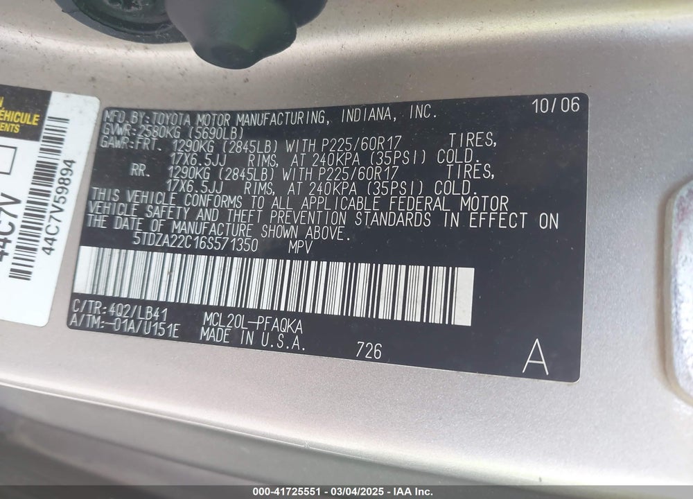 2006 TOYOTA SIENNA XLE LIMITED VIN: 5TDZA22C16S571350