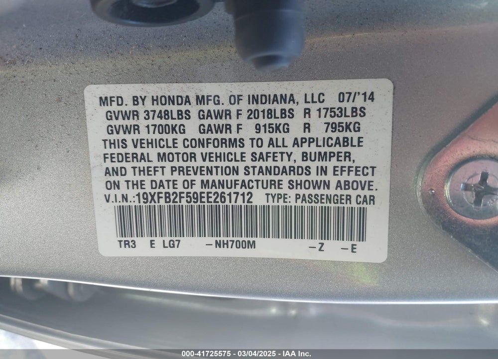 2014 HONDA CIVIC LX VIN: 19XFB2F59EE261712