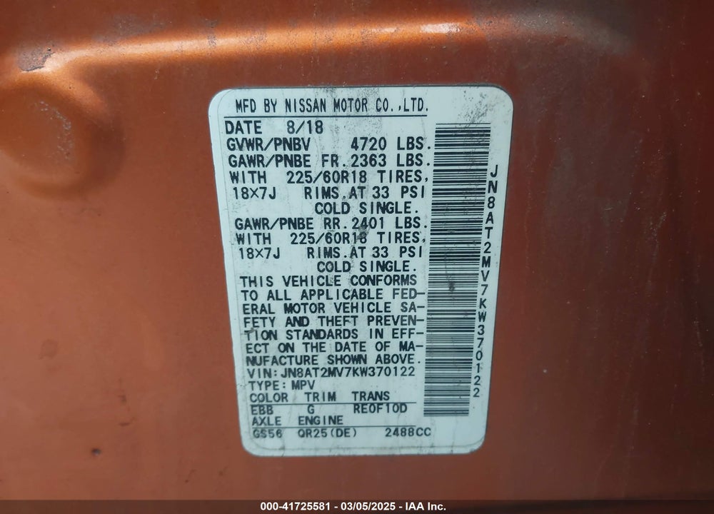 2019 NISSAN ROGUE VIN: JN8AT2MV7KW370122