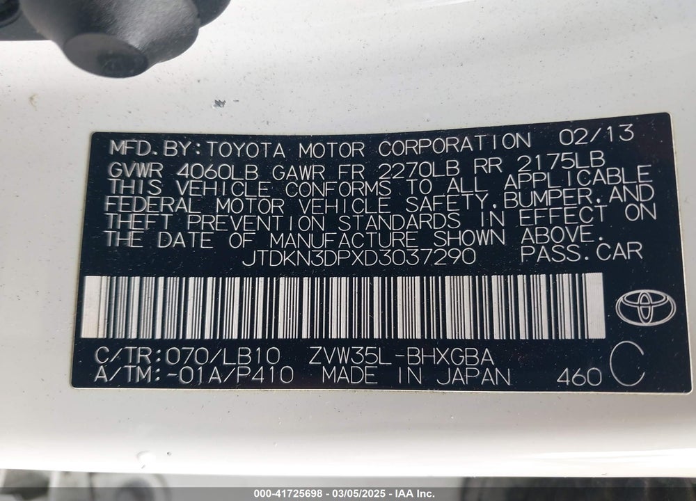 2013 TOYOTA PRIUS PLUG-IN VIN: JTDKN3DPXD3037290