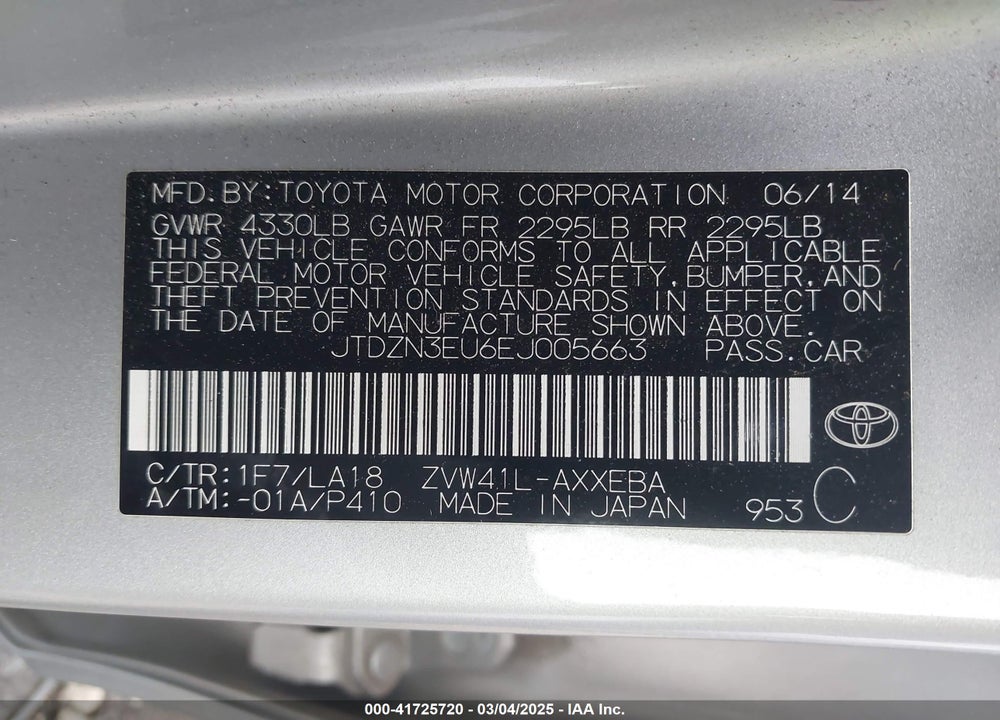 2014 TOYOTA PRIUS V FIVE VIN: JTDZN3EU6EJ005663