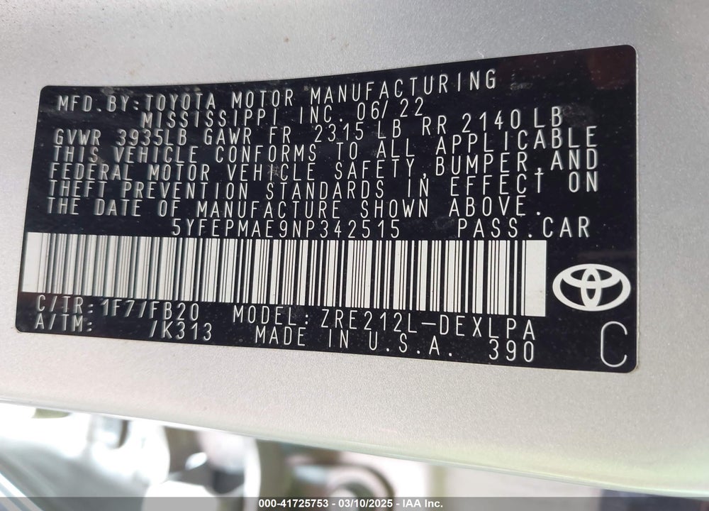 2022 TOYOTA COROLLA VIN: 5YFEPMAE9NP342515