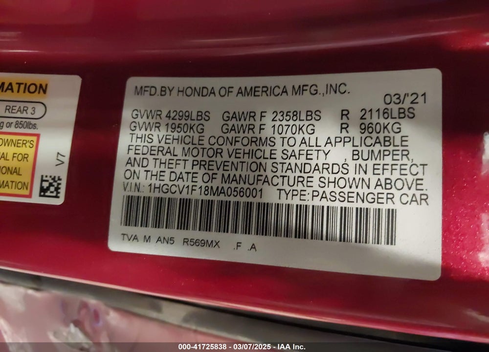 2021 HONDA ACCORD LX VIN: 1HGCV1F18MA056001