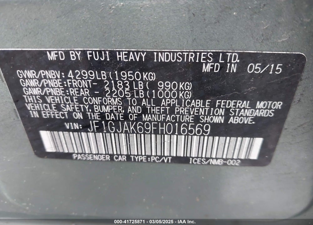 2015 SUBARU IMPREZA VIN: JF1GJAK69FH016569