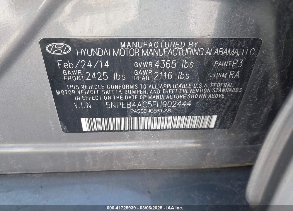 2014 HYUNDAI SONATA VIN: 5NPEB4AC5EH902444