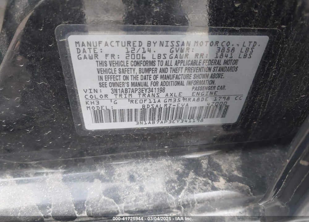 2014 NISSAN SENTRA SR VIN: 3N1AB7AP3EY341198