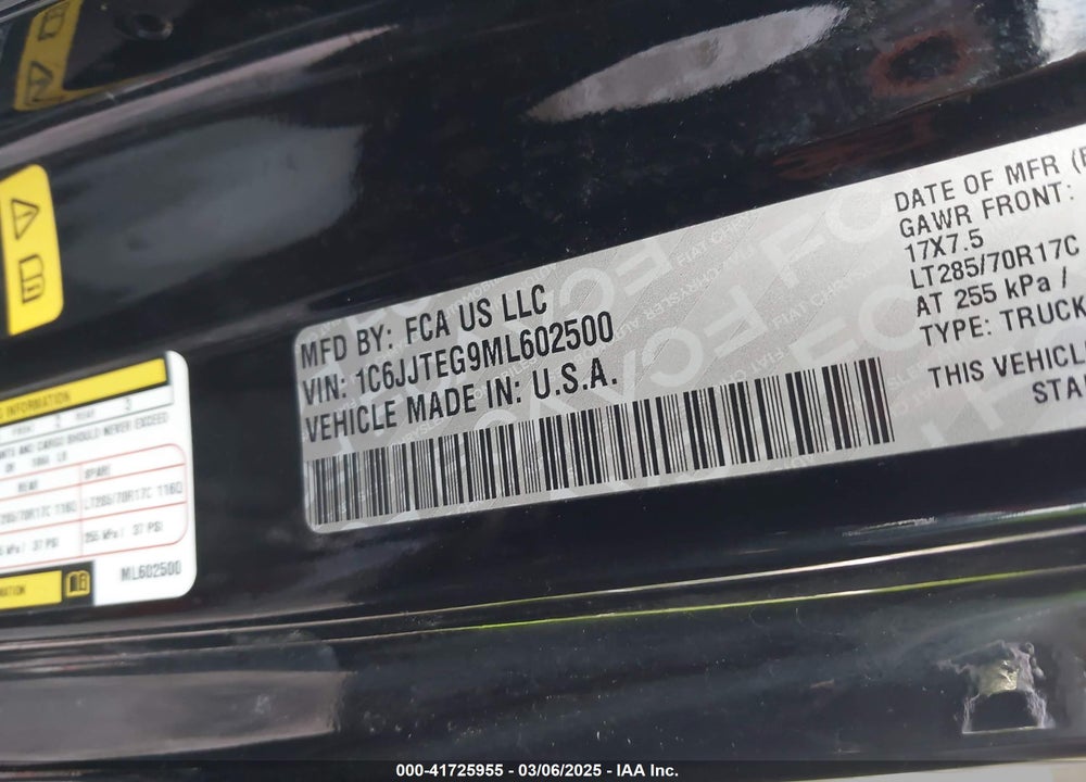 2021 JEEP GLADIATOR VIN: 1C6JJTEG9ML602500