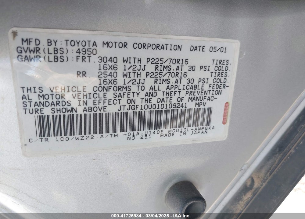 2001 LEXUS RX 300 VIN: JTJGF10U010109241