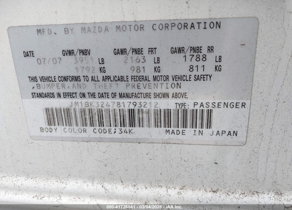 2008 MAZDA MAZDA3 VIN: JM1BK324781793212