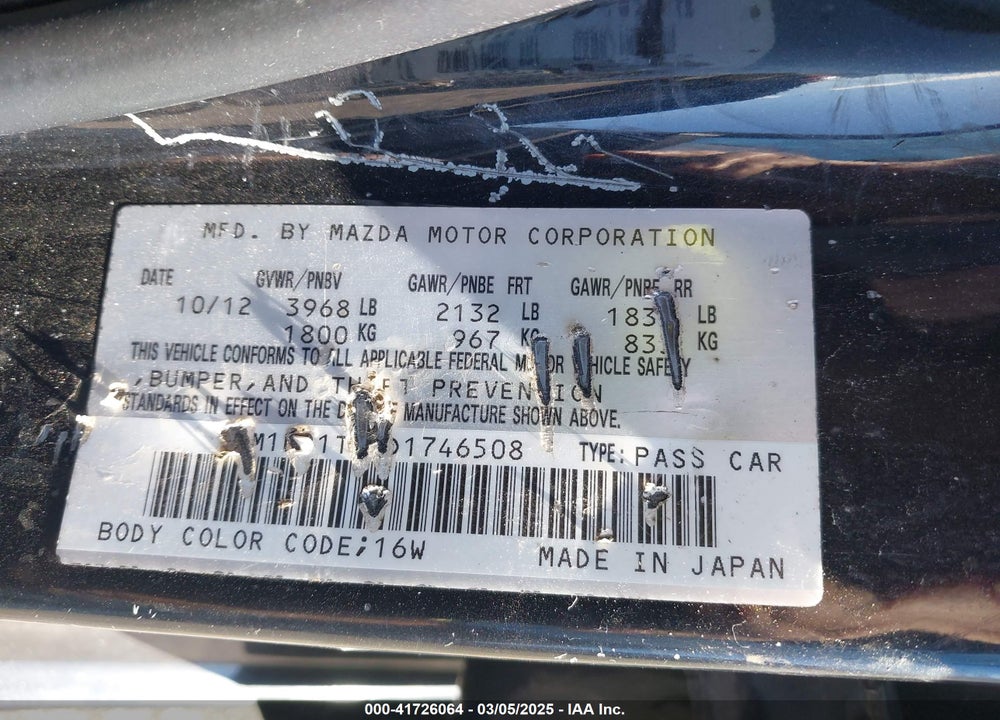 2013 MAZDA 3 VIN: JM1BL1TG7D1746508
