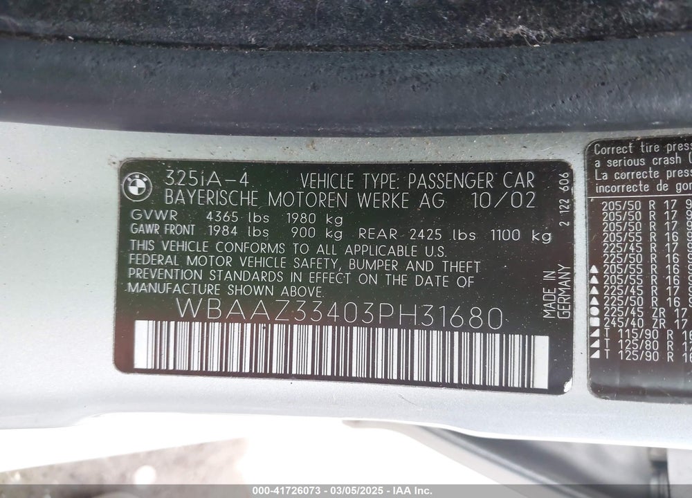 2003 BMW 325I VIN: WBAAZ33403PH31680